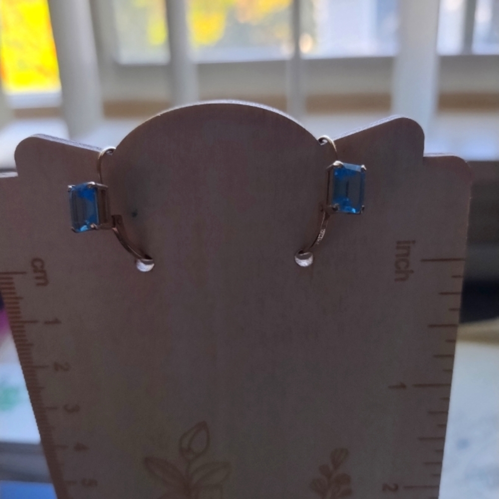 14k Yellow Gold Leverback Earrings with Emerald Cut Swiss Blue Topaz Gemstones